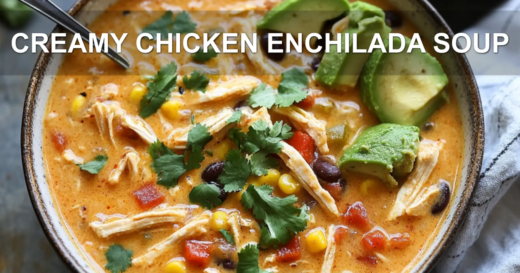 CREAMY CHICKEN ENCHILADA SOUP centered hero view, clean and uncluttered