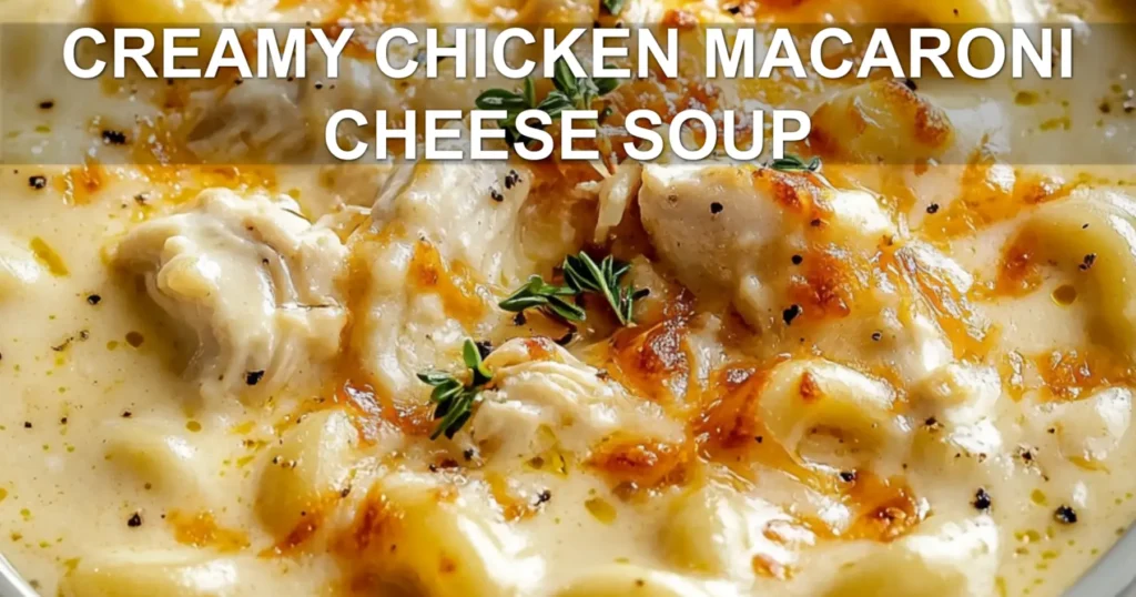 CREAMY CHICKEN MACARONI CHEESE SOUP centered hero view, clean and uncluttered