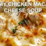 CREAMY CHICKEN MACARONI CHEESE SOUP centered hero view, clean and uncluttered