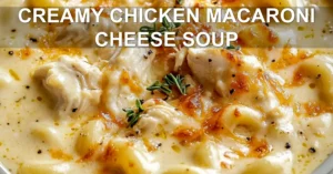 CREAMY CHICKEN MACARONI CHEESE SOUP centered hero view, clean and uncluttered