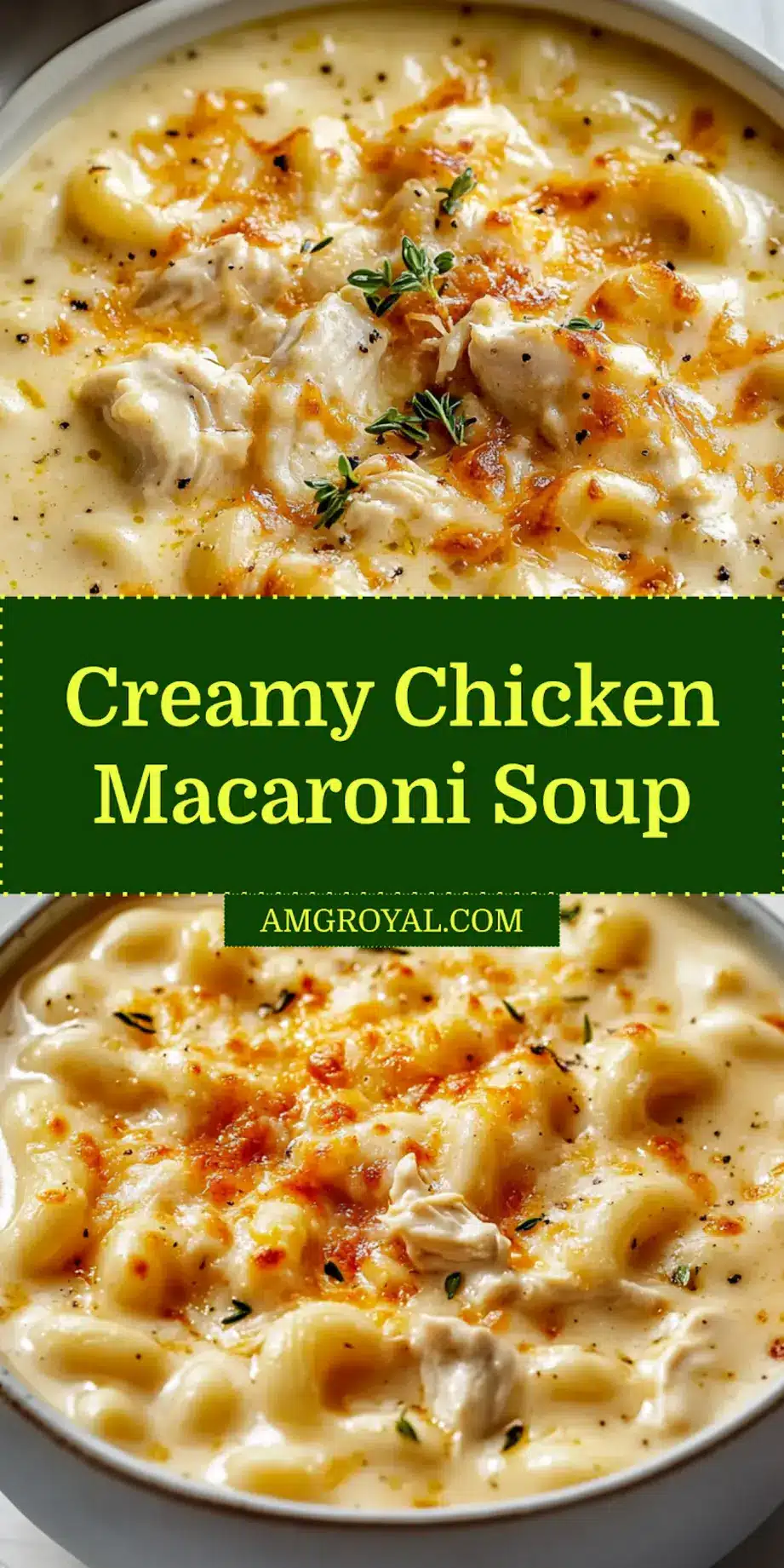 A bowl of creamy chicken macaroni cheese soup served hot