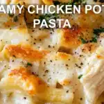 CREAMY CHICKEN POT PIE PASTA centered hero view, clean and uncluttered