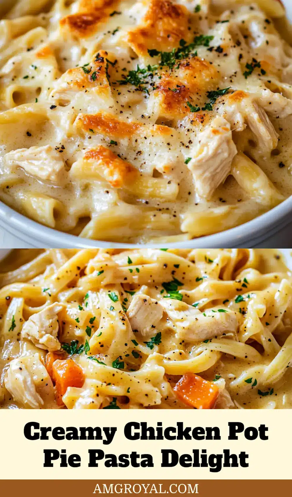Close-up of creamy chicken pot pie pasta in skillet, rich and creamy texture highlighted