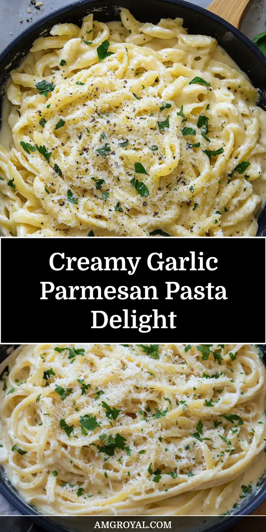 Creamy garlic parmesan pasta plated elegantly with garnish