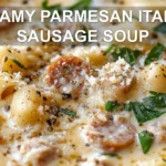 CREAMY PARMESAN ITALIAN SAUSAGE SOUP centered hero view, clean and uncluttered