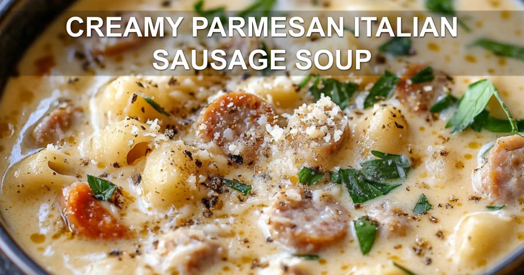 CREAMY PARMESAN ITALIAN SAUSAGE SOUP centered hero view, clean and uncluttered