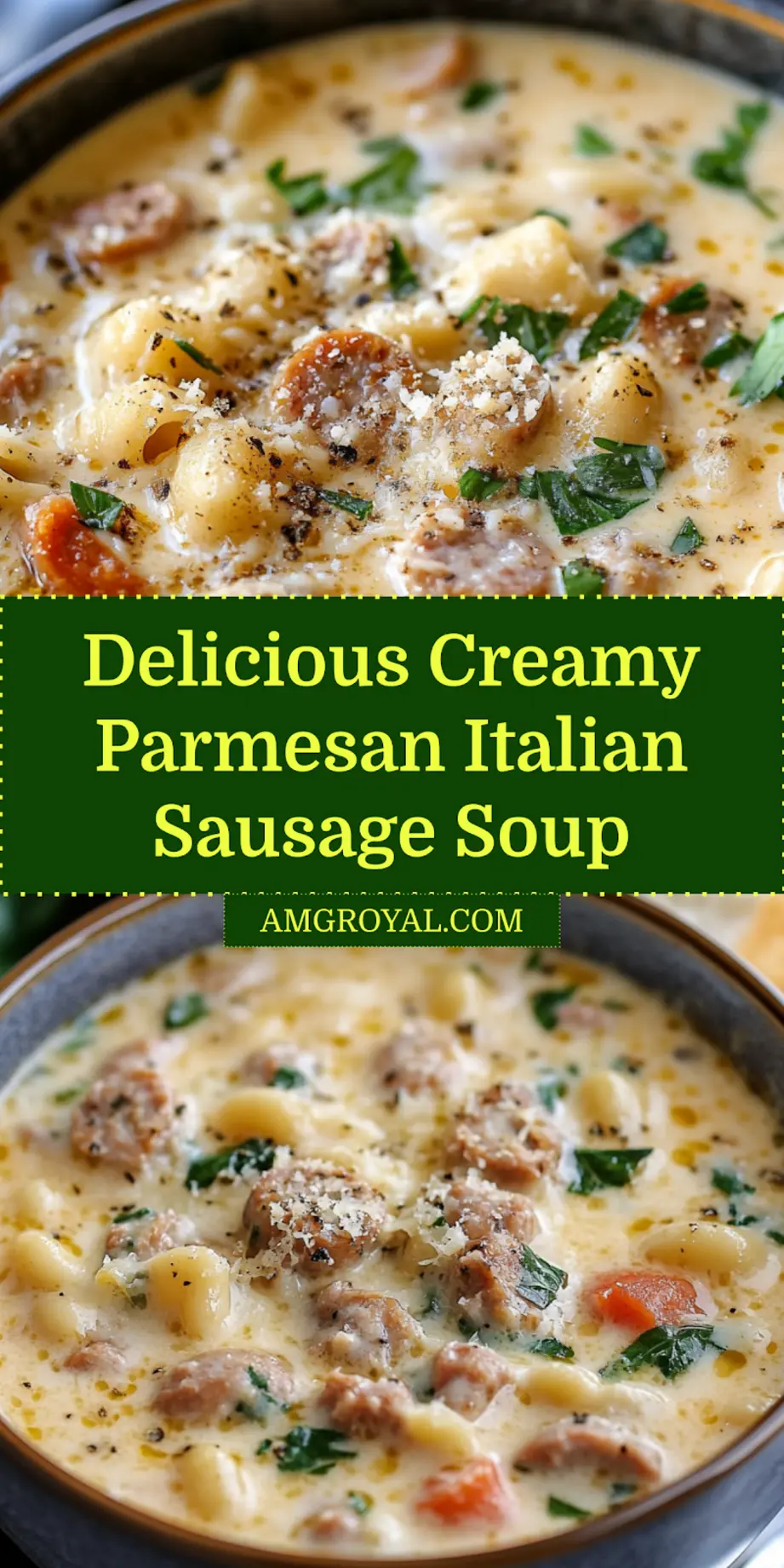 CREAMY PARMESAN ITALIAN SAUSAGE SOUP centered hero view, clean and uncluttered_pin