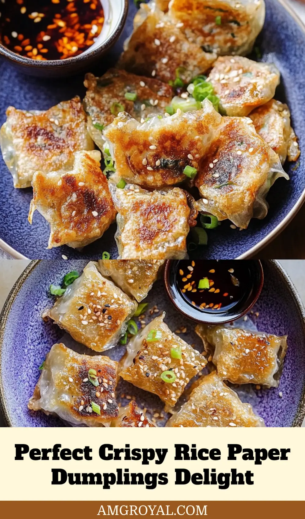Golden crispy rice paper dumplings arranged neatly on a plate