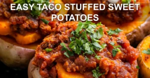 Easy Taco Stuffed Sweet Potatoes Made Delicious EASY TACO STUFFED SWEET POTATOES centered hero view, clean and uncluttered