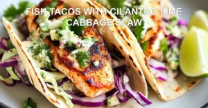 Fish Tacos with Cilantro Lime Cabbage Slaw Recipe FISH TACOS WITH CILANTRO LIME CABBAGE SLAW centered hero view, clean and uncluttered