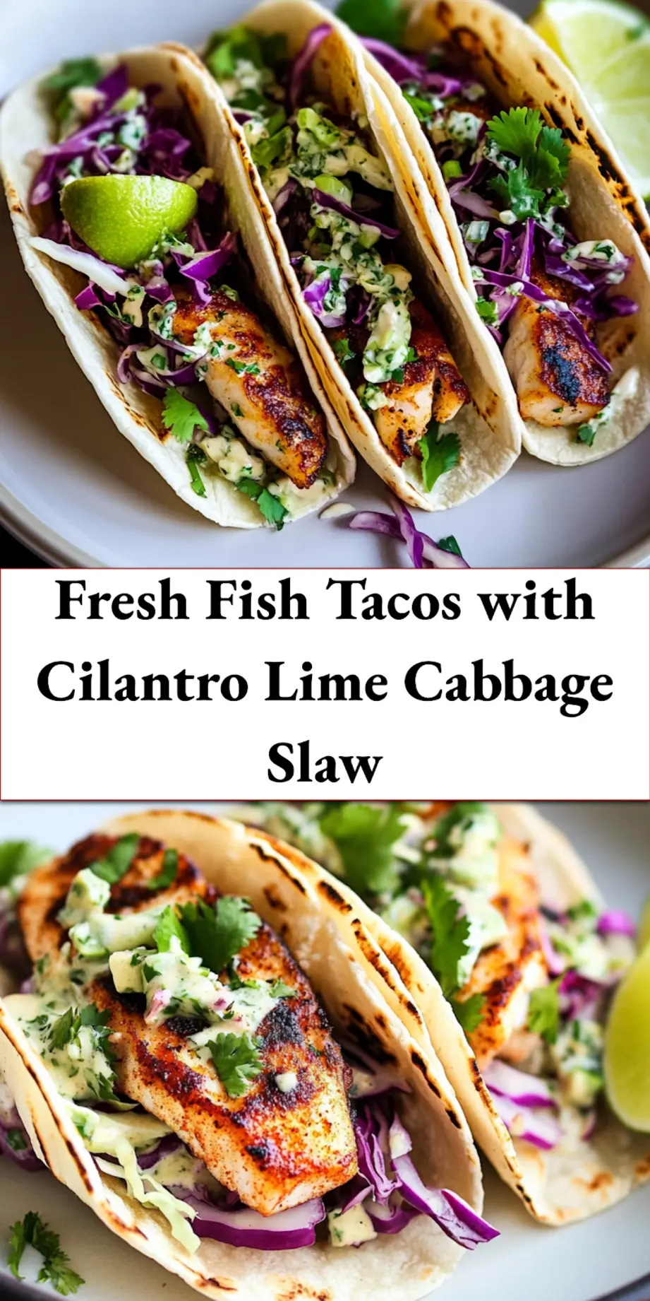 Plated fish tacos with cilantro lime cabbage slaw, vibrant and fresh