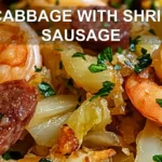 FRIED CABBAGE WITH SHRIMP AND SAUSAGE centered hero view, clean and uncluttered