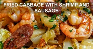 FRIED CABBAGE WITH SHRIMP AND SAUSAGE centered hero view, clean and uncluttered