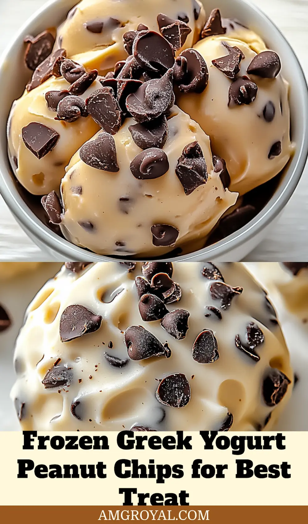 Close-up of frozen Greek yogurt peanut butter chocolate chip bites, ready to enjoy.