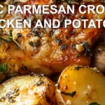 GARLIC PARMESAN CROCKPOT CHICKEN AND POTATOES centered hero view, clean and uncluttered