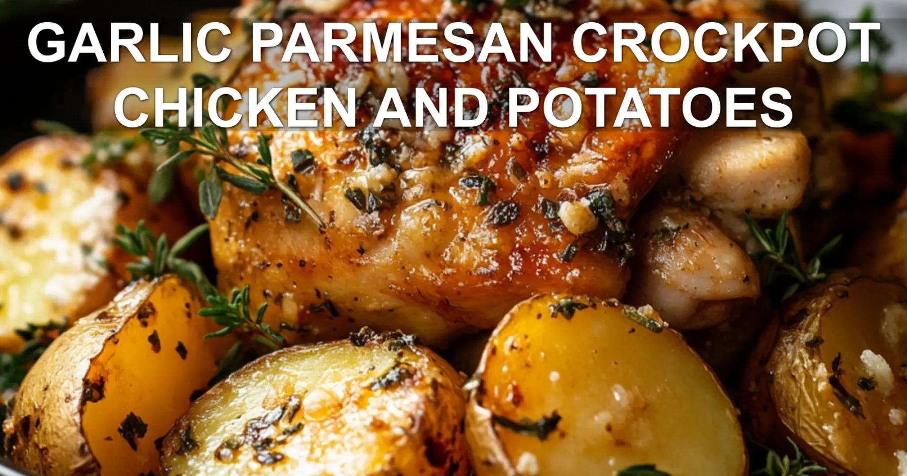 GARLIC PARMESAN CROCKPOT CHICKEN AND POTATOES centered hero view, clean and uncluttered