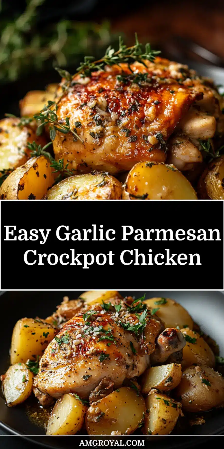 Garlic Parmesan Crockpot Chicken and Potatoes Made Delicious 7 GARLIC PARMESAN CROCKPOT CHICKEN AND POTATOES centered hero view, clean and uncluttered_pin