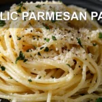 GARLIC PARMESAN PASTA centered hero view, clean and uncluttered