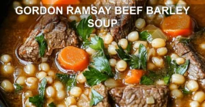 GORDON RAMSAY BEEF BARLEY SOUP centered hero view, clean and uncluttered