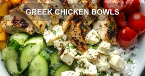 GREEK CHICKEN BOWLS centered hero view, clean and uncluttered