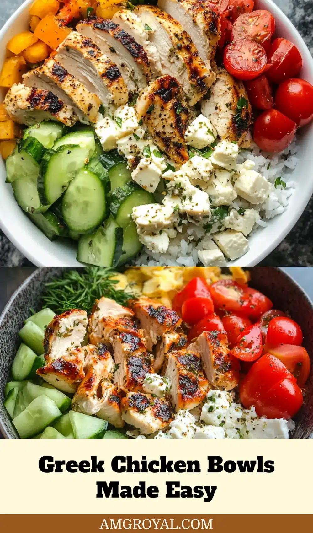 Greek Chicken Bowls: Easy and Irresistibly Delicious 7 Close-up of Greek Chicken Bowls with fresh vegetables and tzatziki sauce