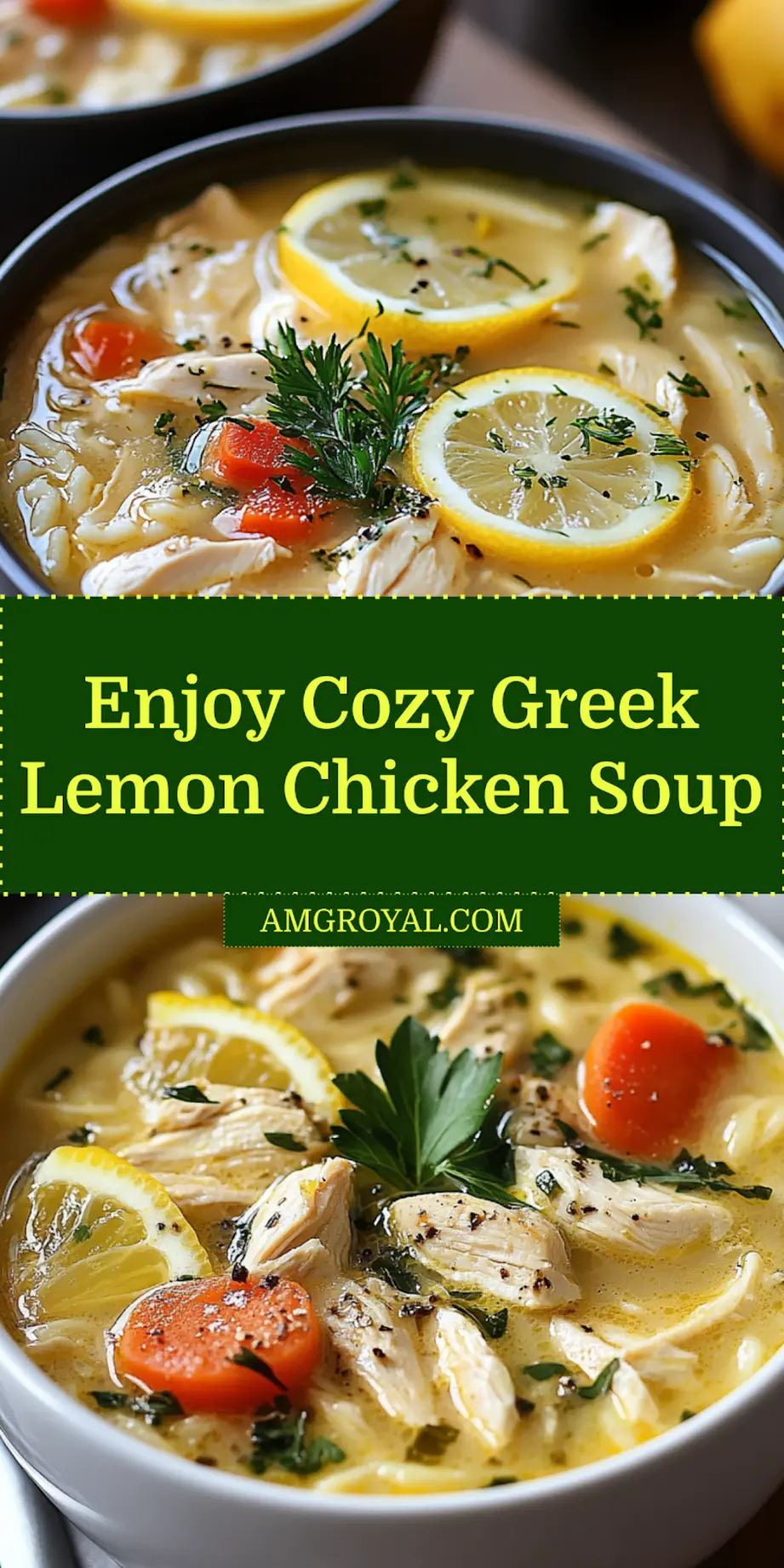 A bowl of Greek lemon chicken soup, garnished with lemon slices and fresh herbs