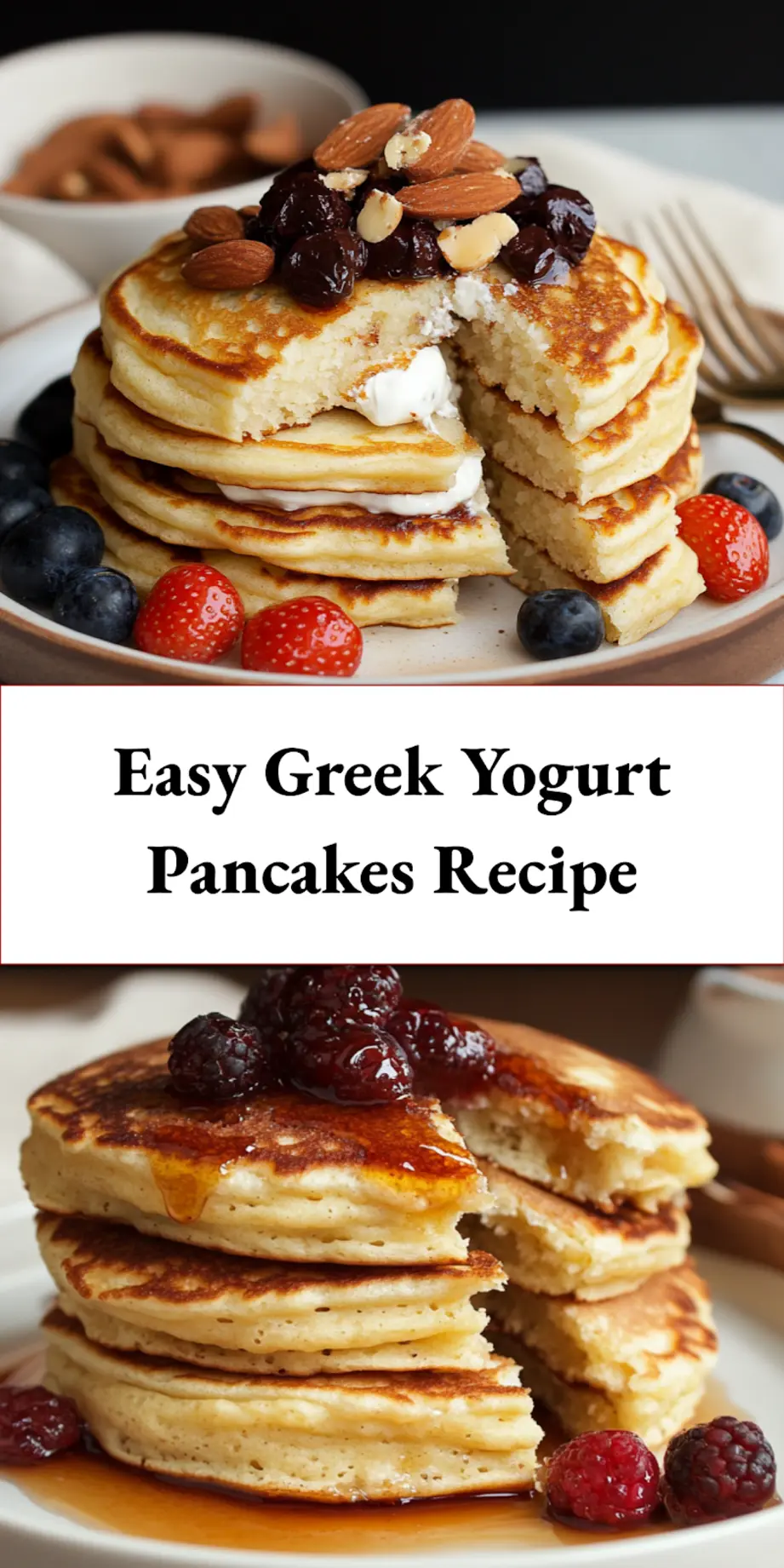 Freshly cooked Greek yogurt pancakes stacked on a plate