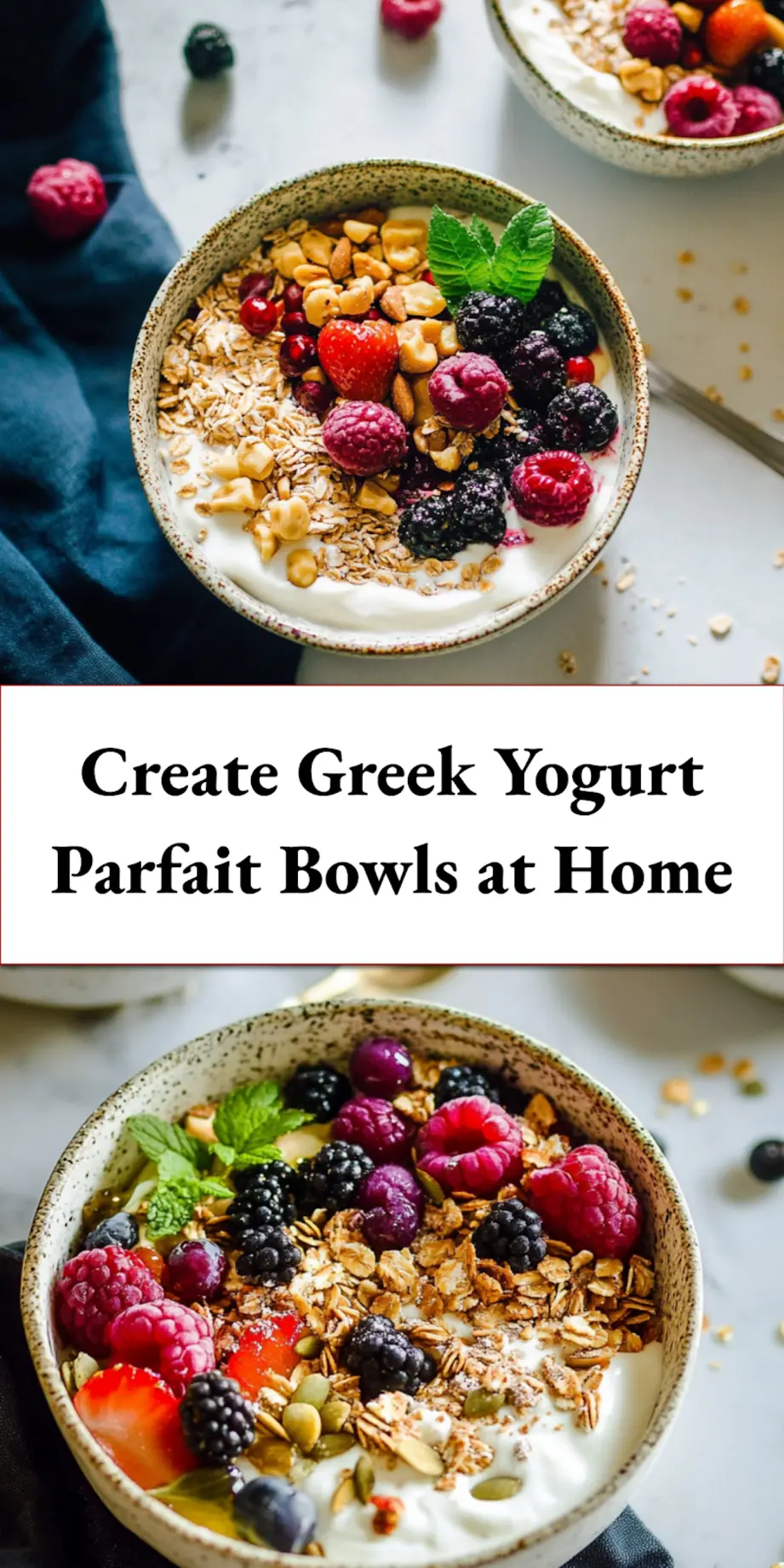 Greek Yogurt Parfait Bowls for Delicious Breakfast 7 Close-up of a Greek Yogurt Parfait Bowl with fresh fruit and nuts