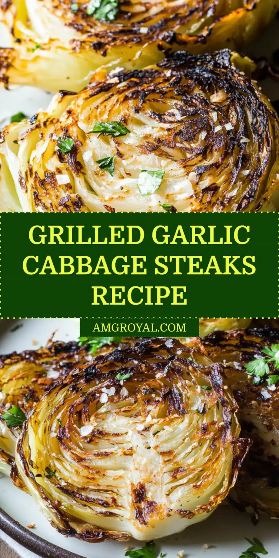Grilled Garlic Cabbage Steaks Super Easy and Delicious 7 Grilled garlic cabbage steaks served on a plate, clean and uncluttered