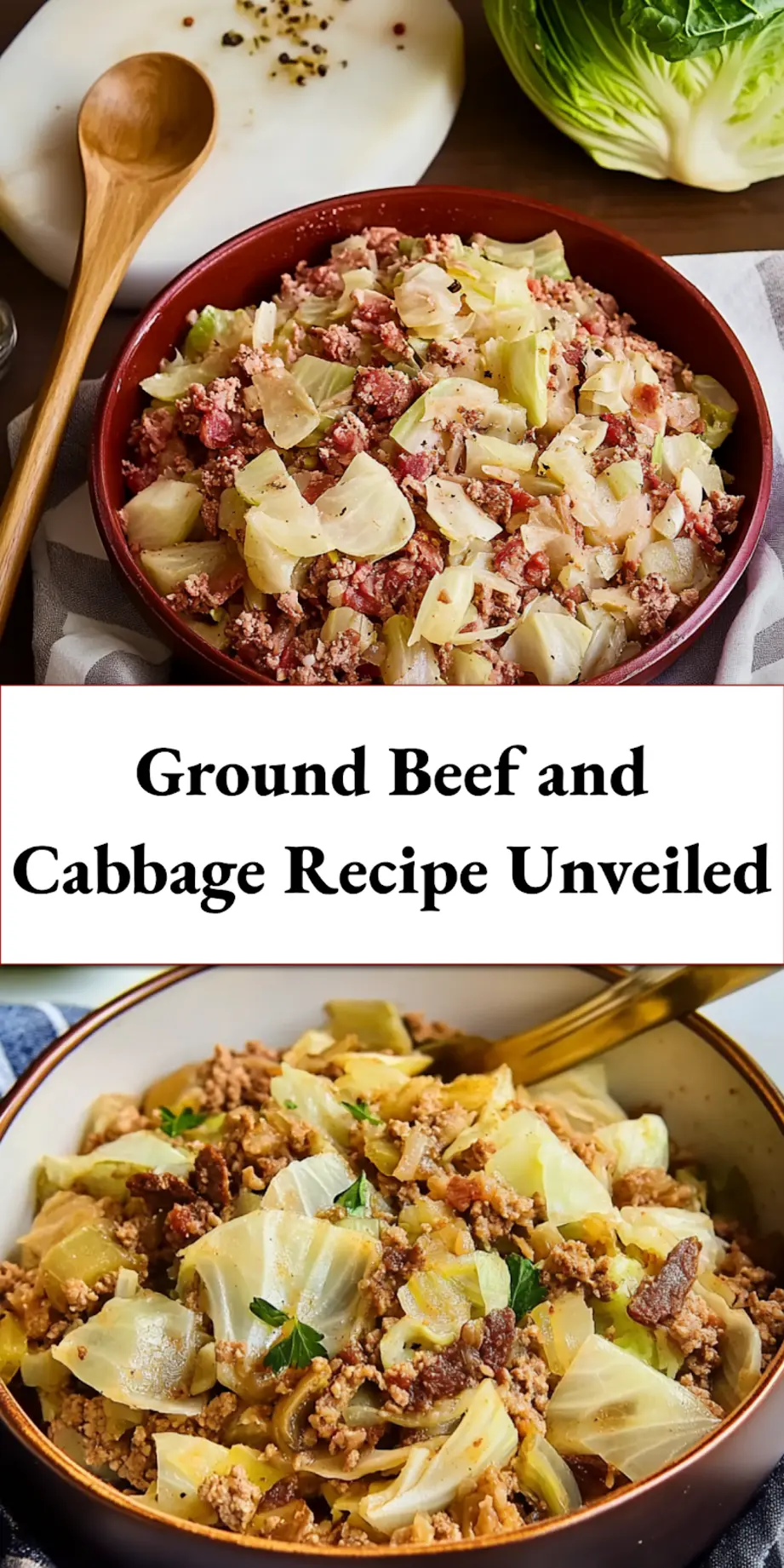 Finished ground beef and cabbage dish served in a bowl, showing rich texture and vibrant colors