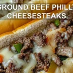 GROUND BEEF PHILLY CHEESESTEAKS centered hero view, clean and uncluttered