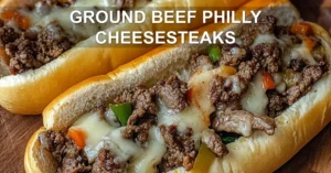 GROUND BEEF PHILLY CHEESESTEAKS centered hero view, clean and uncluttered