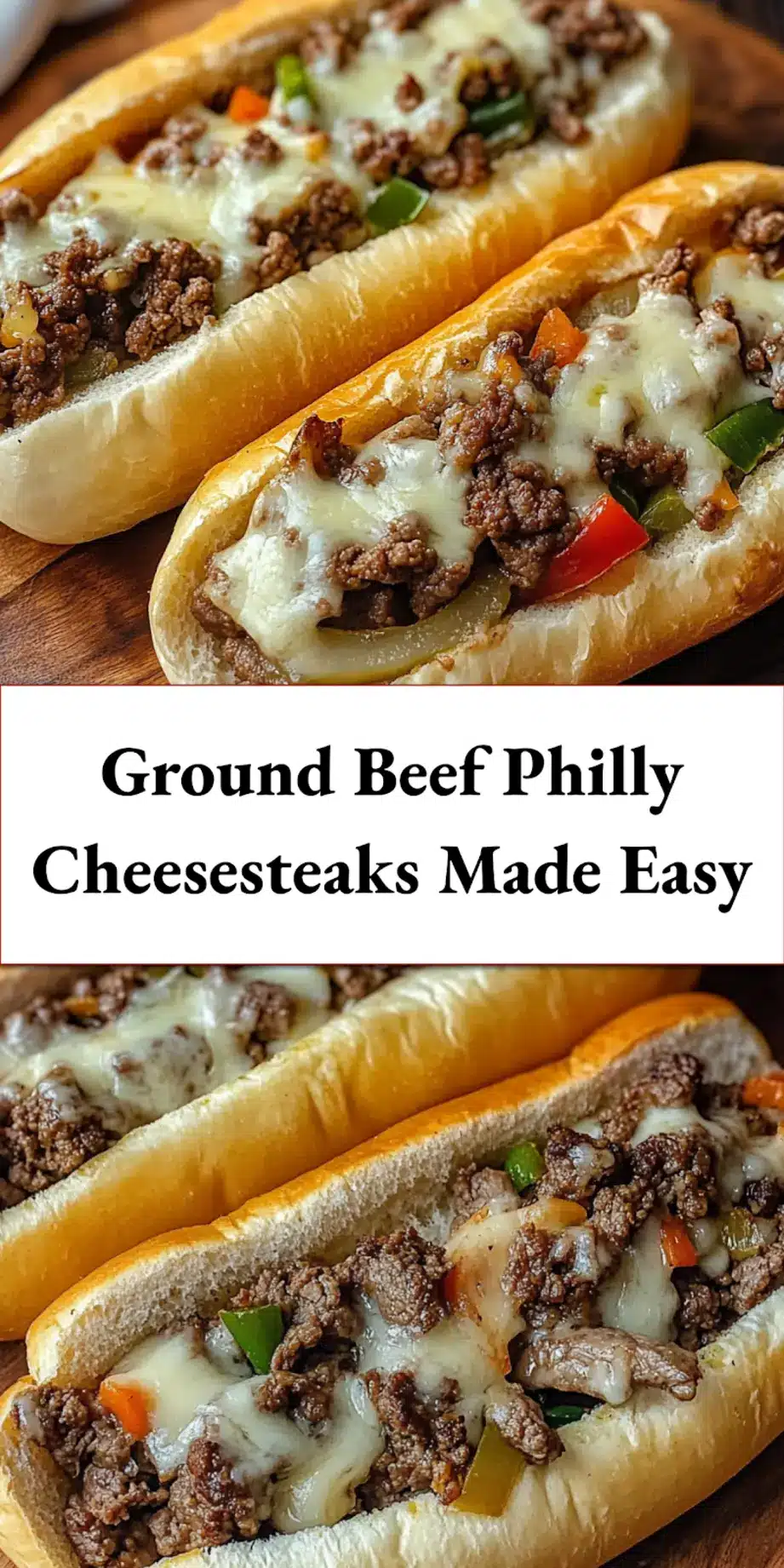 GROUND BEEF PHILLY CHEESESTEAKS centered hero view, clean and uncluttered, food close up