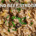 GROUND BEEF STROGANOFF centered hero view, clean and uncluttered