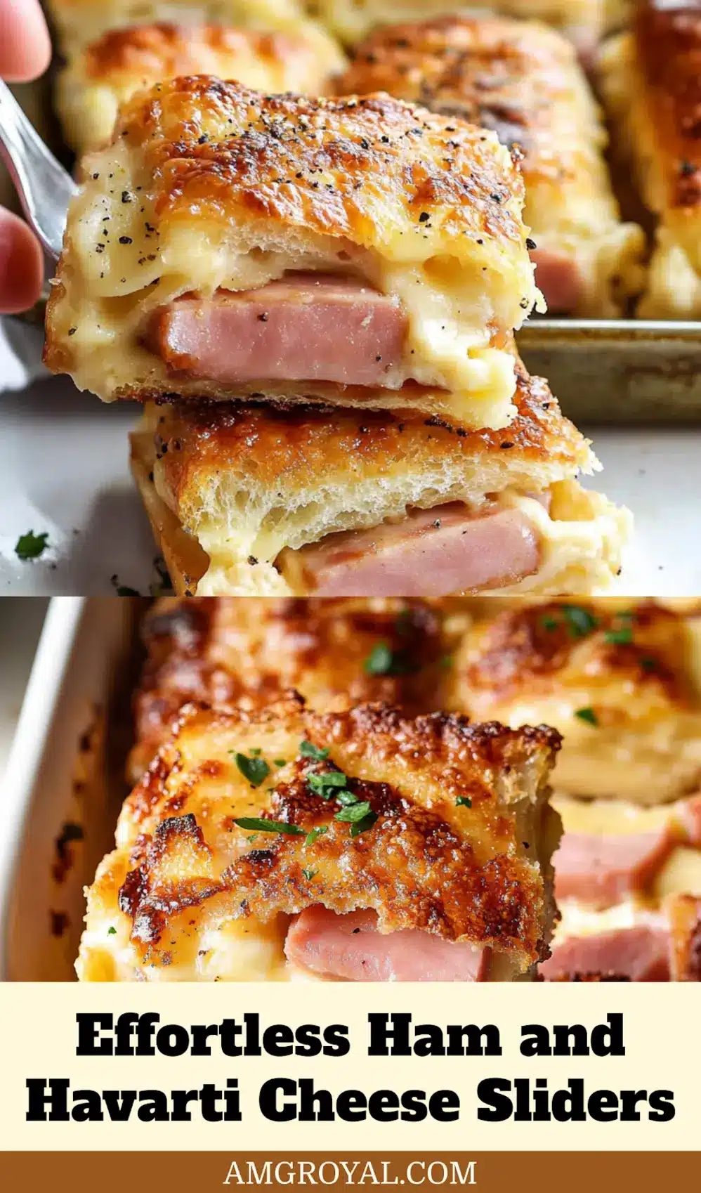 Ham and Havarti Cheese Sliders: Easy Delicious Fun 7 HAM AND HAVARTI CHEESE SLIDERS centered hero view, clean and uncluttered_pin