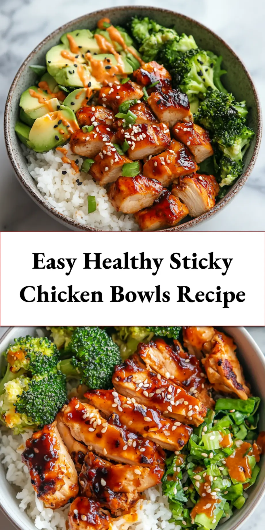 Healthy sticky chicken bowls with a glossy glaze, clean and uncluttered