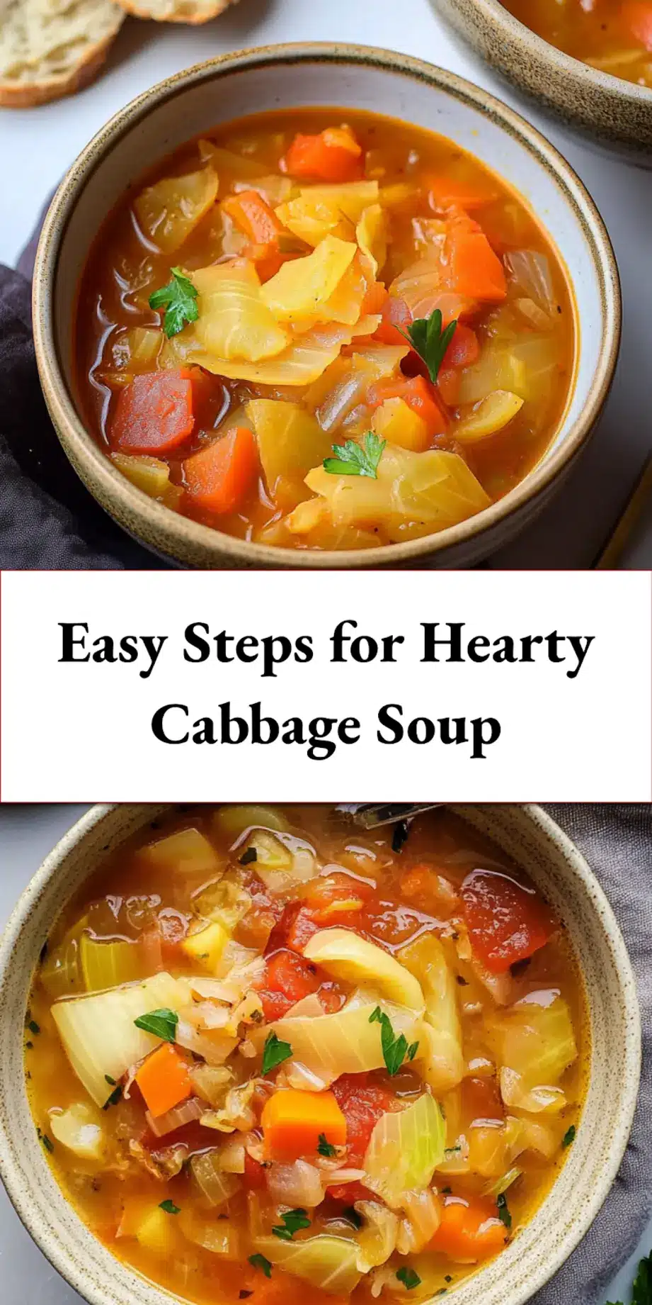 Hearty cabbage soup plated, clean and uncluttered
