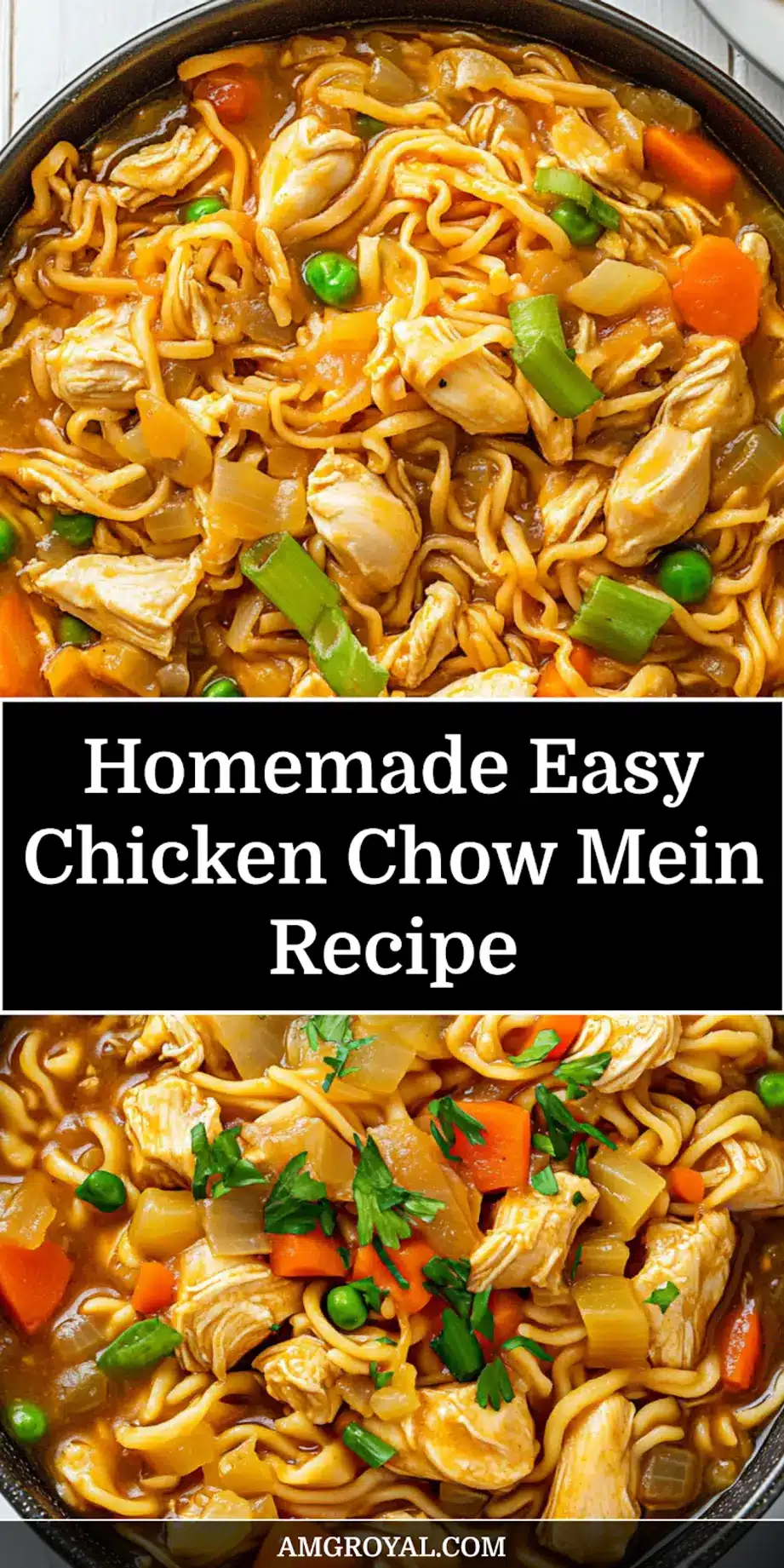 A vibrant close-up of Homemade Easy Chicken Chow Mein, perfect for pinning, showcasing tender chicken, colorful vegetables, and glistening noodles.