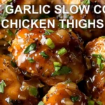 HONEY GARLIC SLOW COOKER CHICKEN THIGHS centered hero view, clean and uncluttered