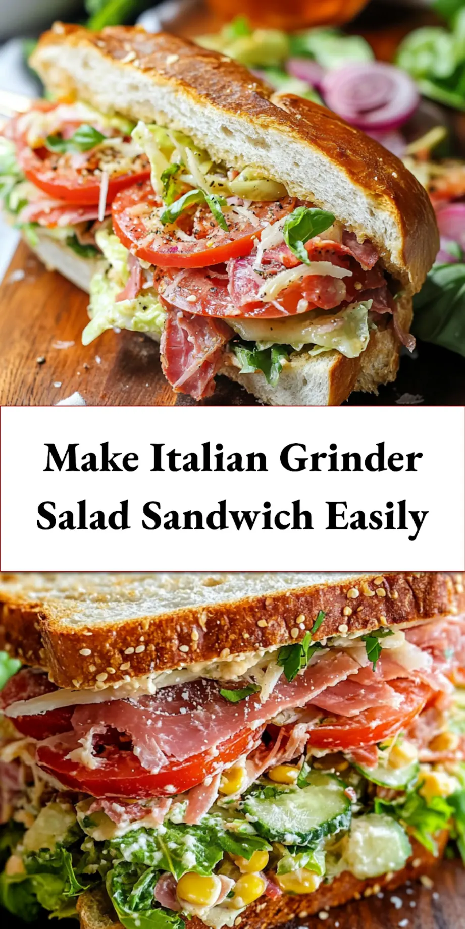 Italian Grinder Salad Sandwich plated with melted provolone cheese and fresh salad on top