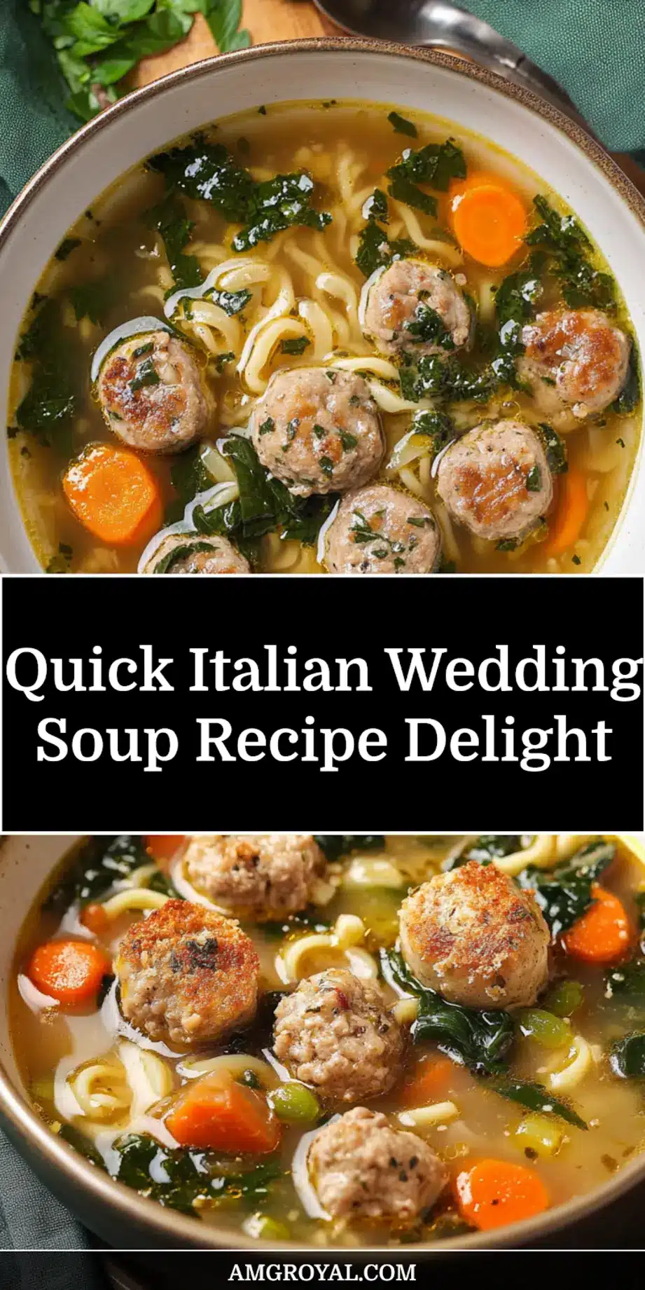 A bowl of Italian Wedding Soup featuring tender meatballs and fresh greens