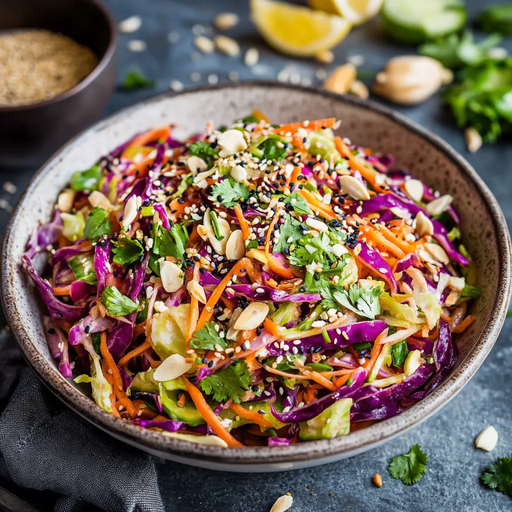 Ingredients for Asian Slaw with Sesame Ginger Dressing laid out in a clean, uncluttered style