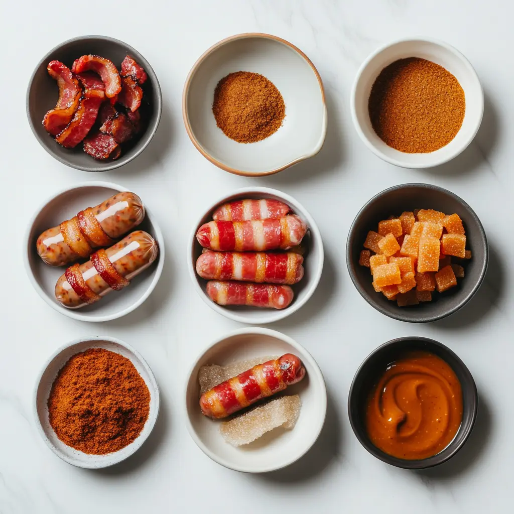 Bacon Wrapped Brown Sugar Smokies: Irresistible Football Food 6 BACON WRAPPED BROWN SUGAR SMOKIES centered hero view, clean and uncluttered