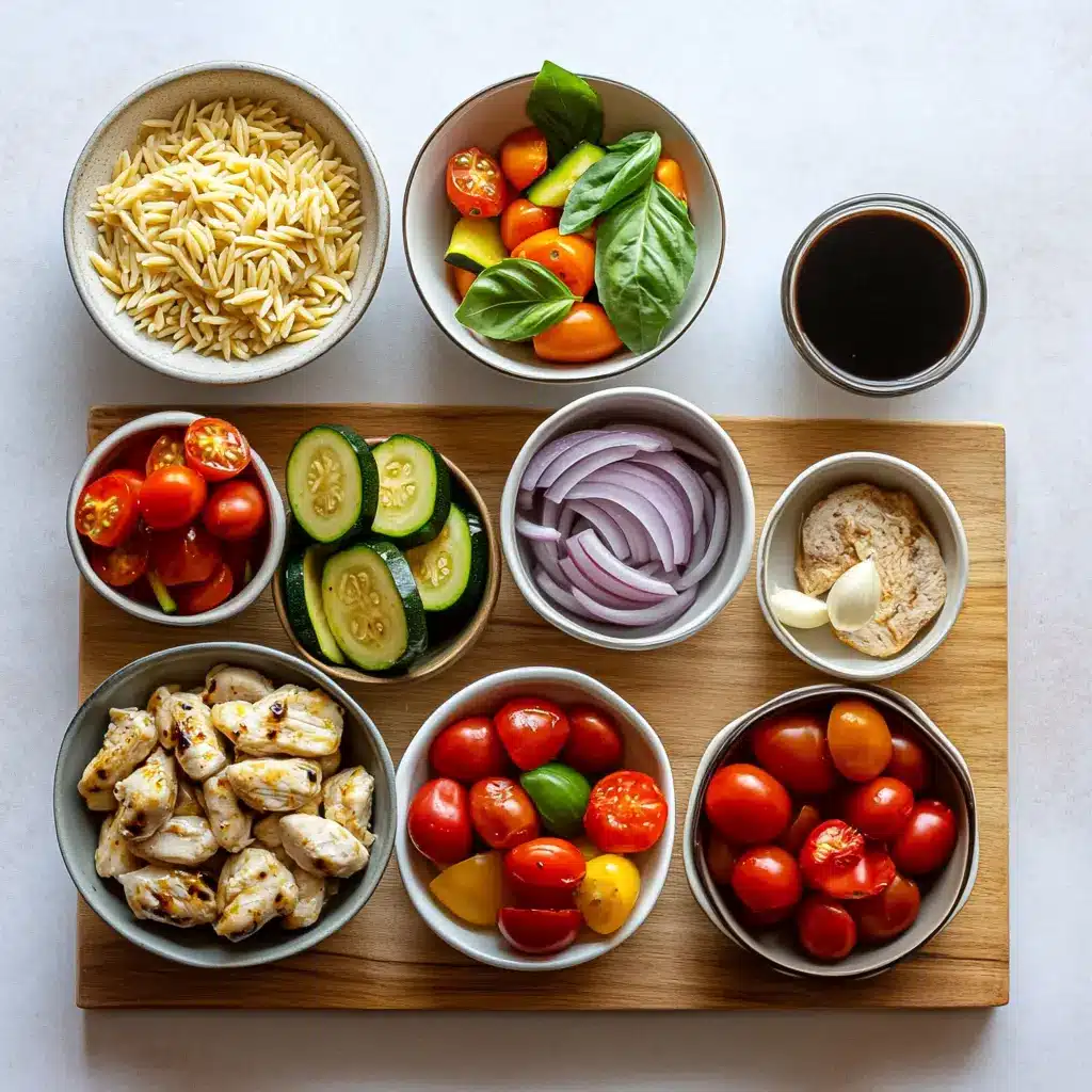 Ingredients for Balsamic Chicken Veggie Orzo, neatly arranged