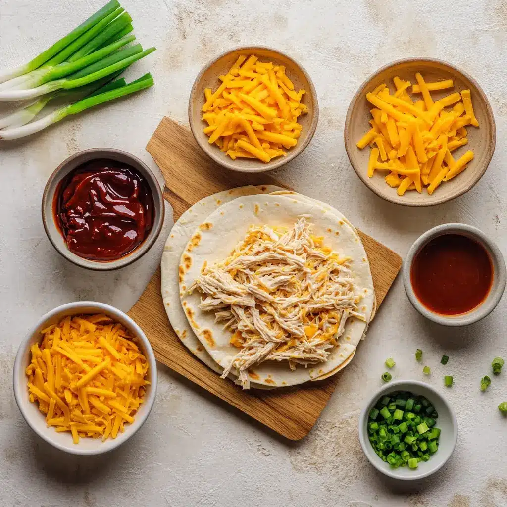 BBQ Chicken Quesadillas: Delicious Easy Family Favorite 6 Ingredients for BBQ Chicken Quesadillas arranged on countertop