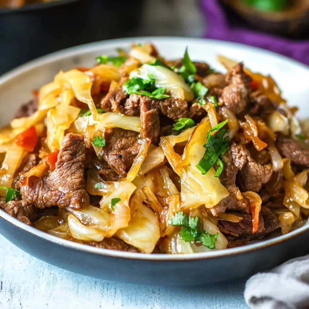 Beef and Cabbage Stir Fry - Quick and Irresistible Dinner 6 BEEF AND CABBAGE STIR FRY centered hero view, clean and uncluttered