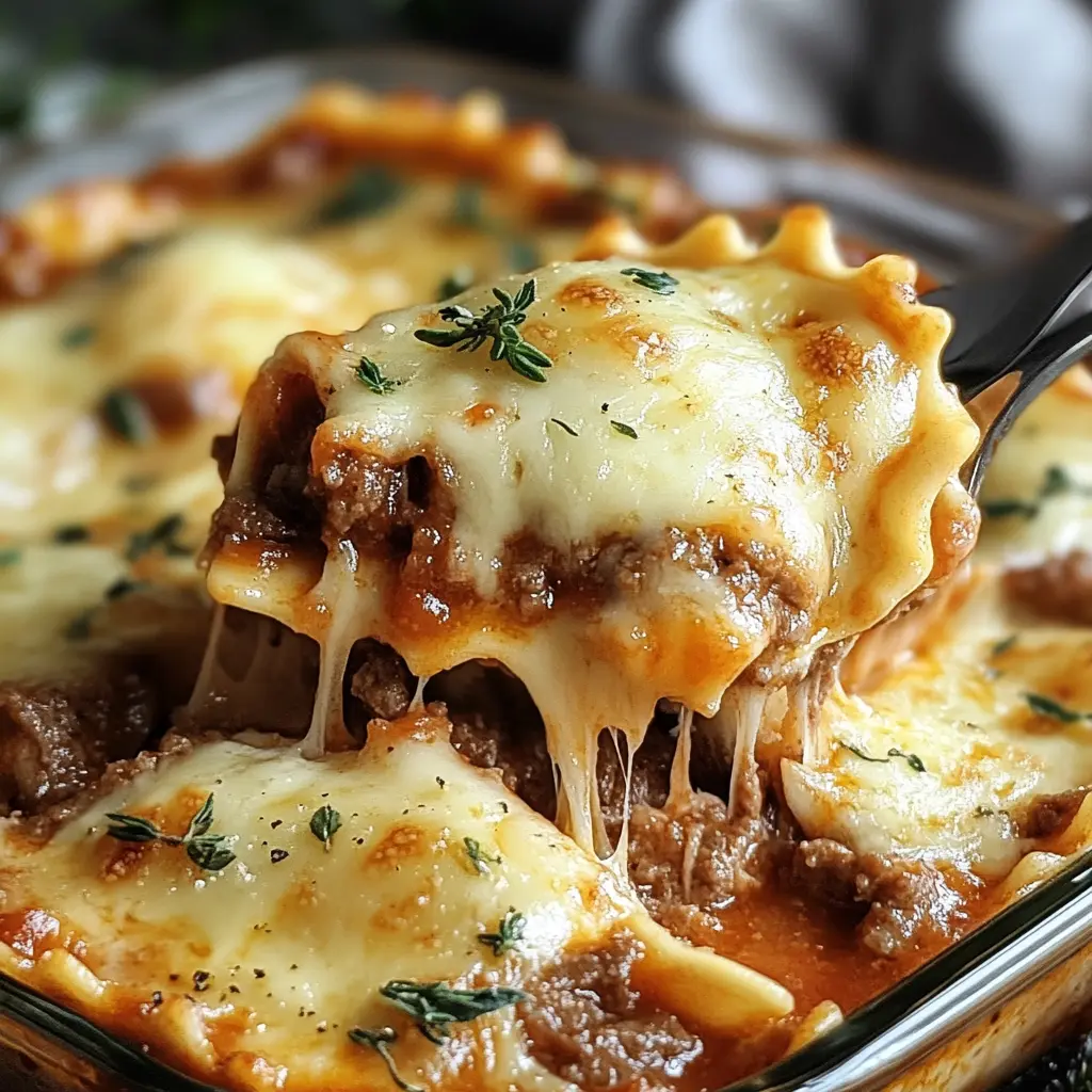 BEEF AND CHEESE RAVIOLI CASSEROLE centered hero view, clean and uncluttered