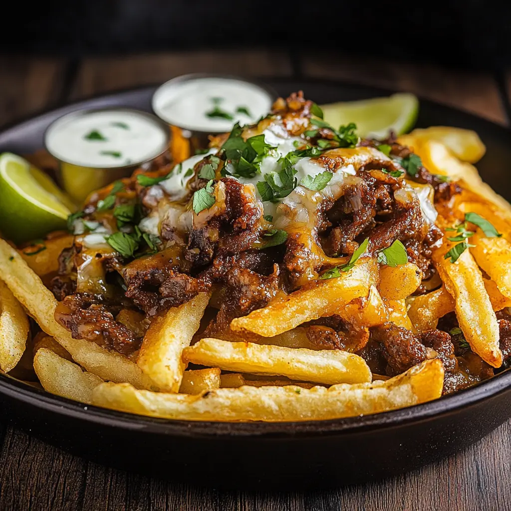 Ingredients for Birria Fries neatly arranged showing frozen fries, shredded cheese, birria, white onion, and cilantro