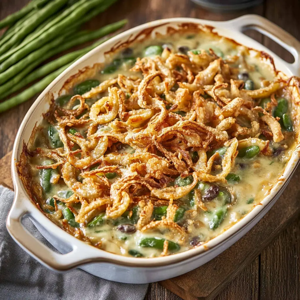 Campbells Green Bean Casserole centered hero view, clean and uncluttered