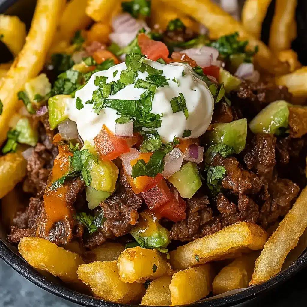 Close-up of ingredients for carne asada fries, neatly arranged
